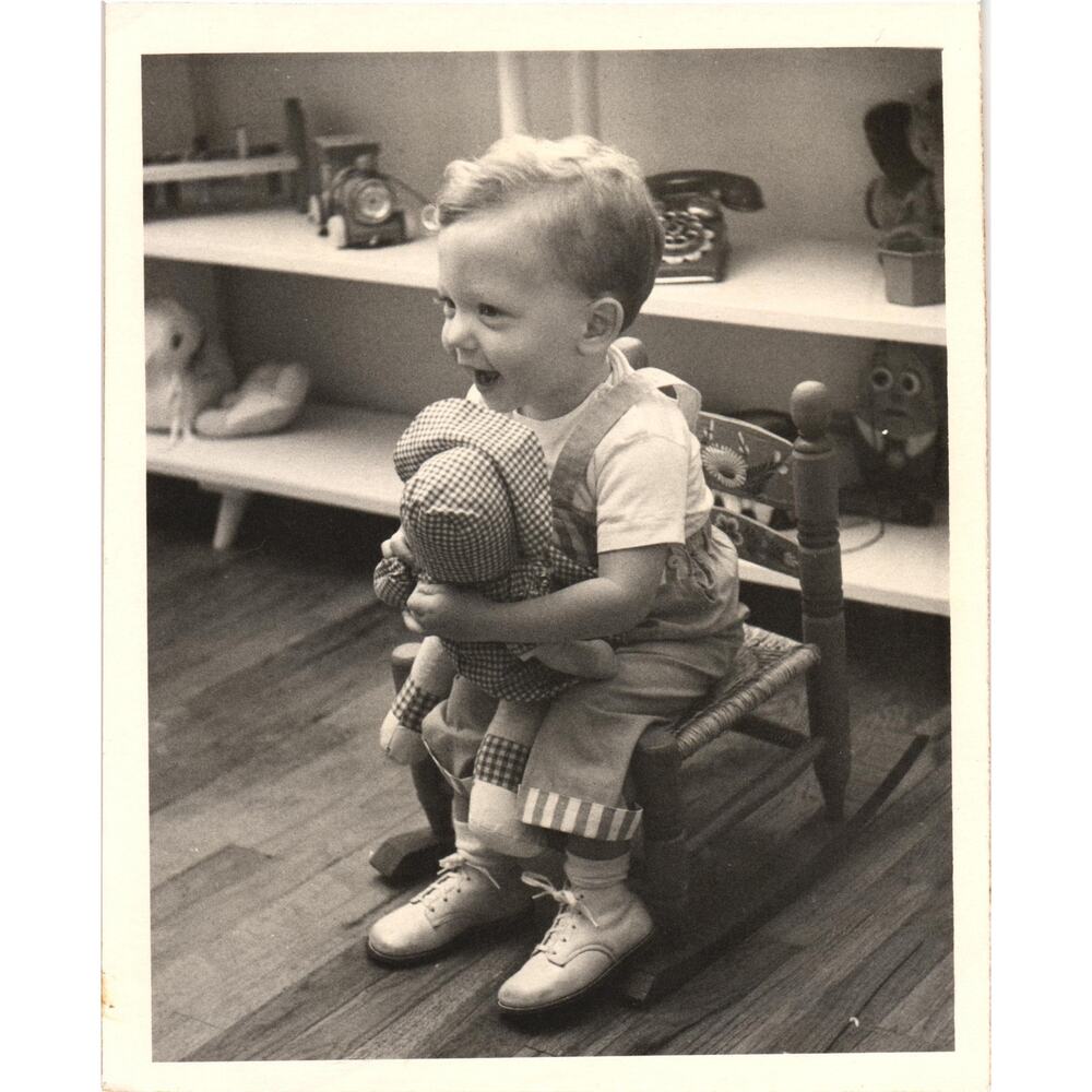 Vintage Photo Boy on Rocking Chair Holding Rag Doll‎ 1950s Toy Shelf Scene